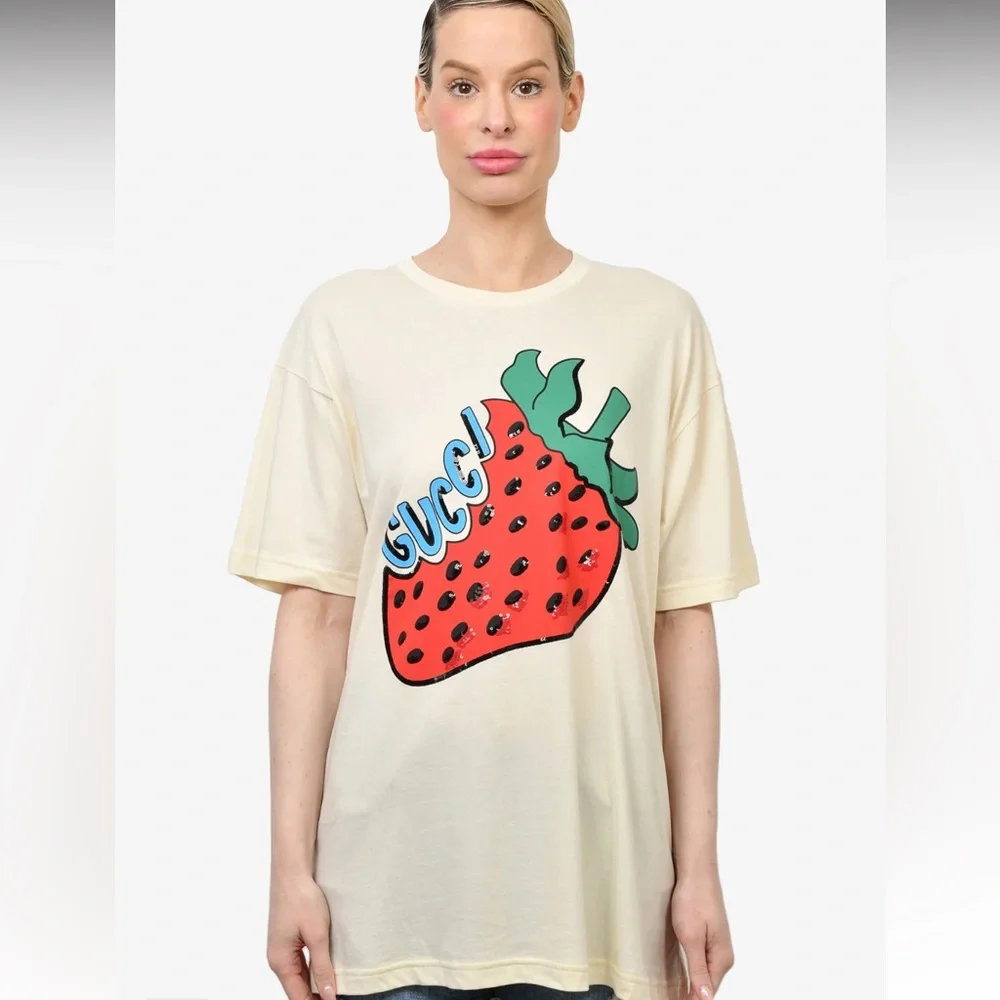 🍓Gucci Strawberry Sequin Cream Short Sleeve Shirt